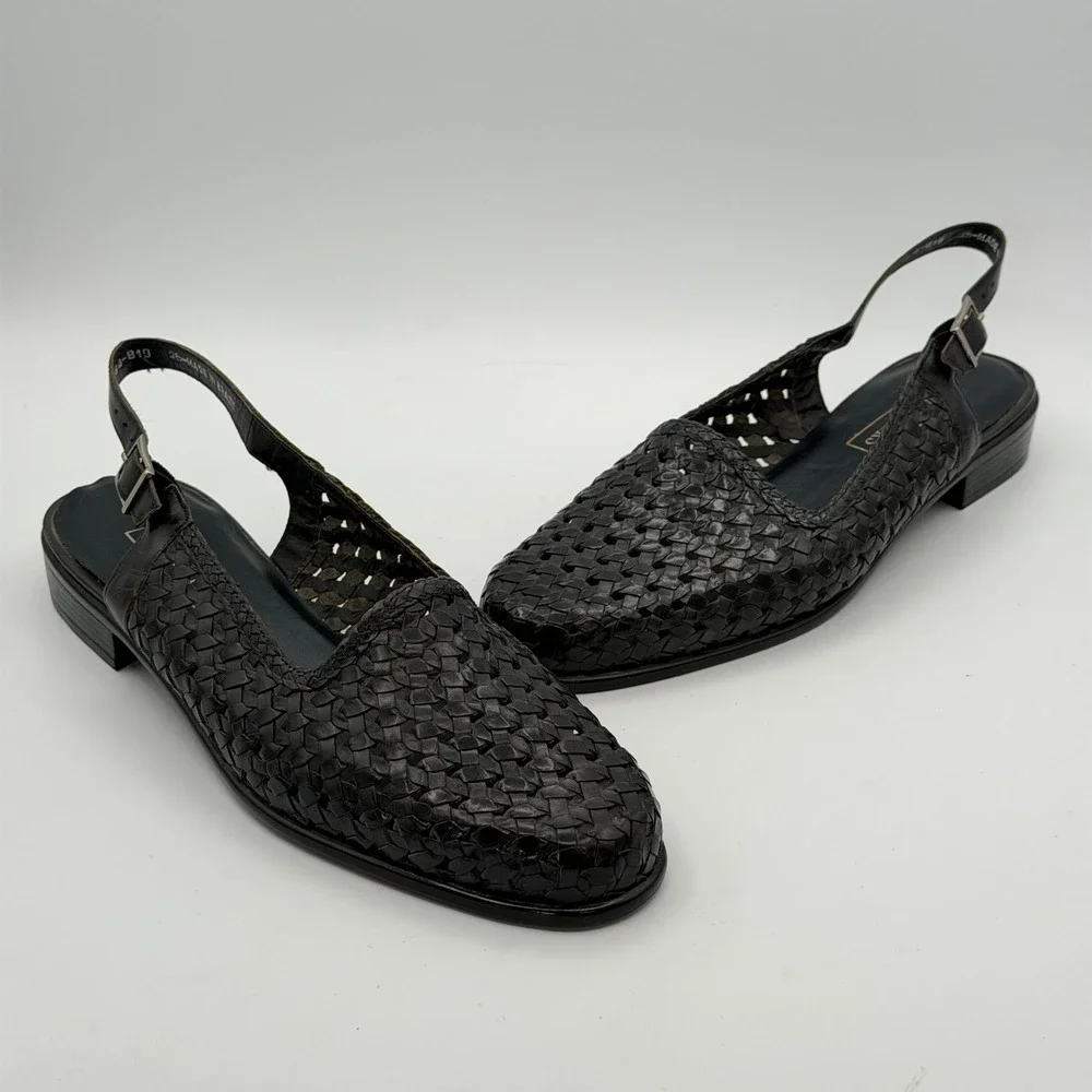 Trotters Lea Woven Leather Slingback Flats Women 10M Black Brazil Classic Office